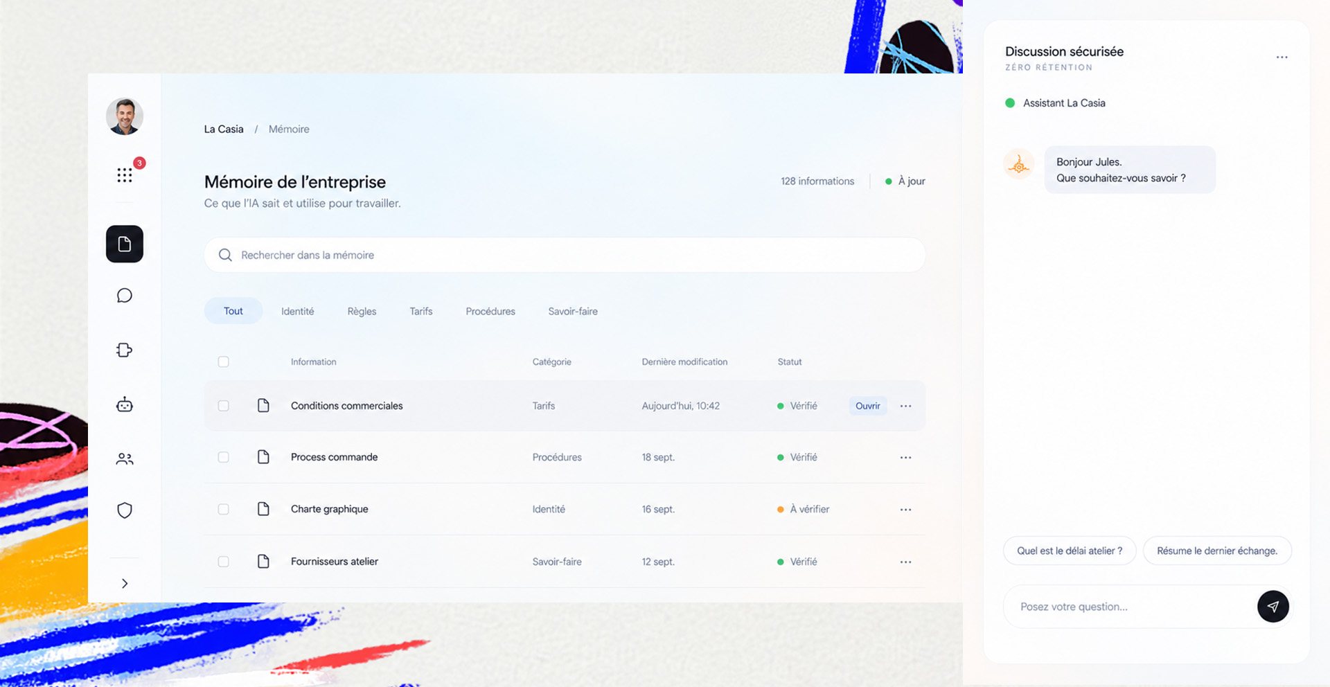 Tableau de bord La Casia : la mémoire de l'entreprise et la discussion sécurisée avec l'assistant.